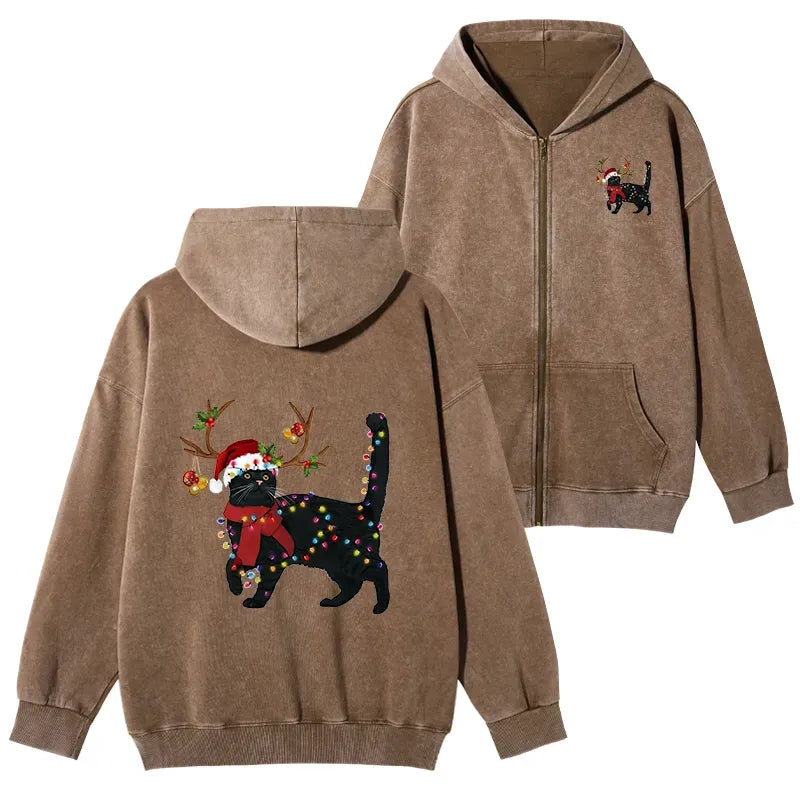 Unisex Zip Hoodie with Black Cat Japanese Style
