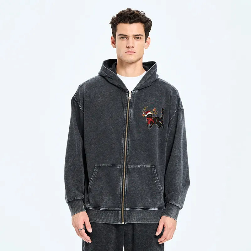 Unisex Zip Hoodie with Black Cat Japanese Style