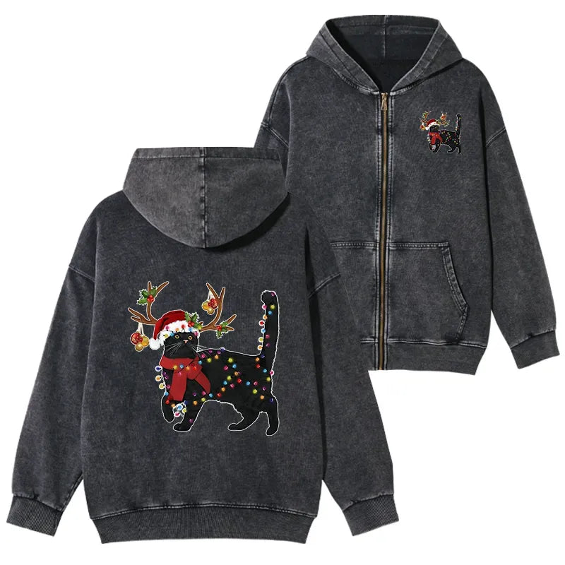 Unisex Zip Hoodie with Black Cat Japanese Style