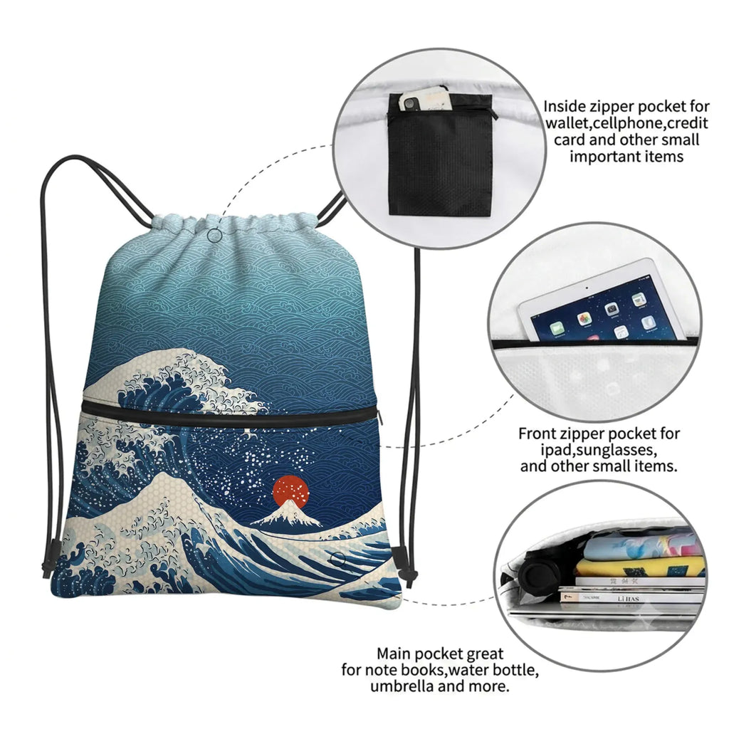 Kyoto-Lion The Great Wave Off Fuji Drawstring Backpack