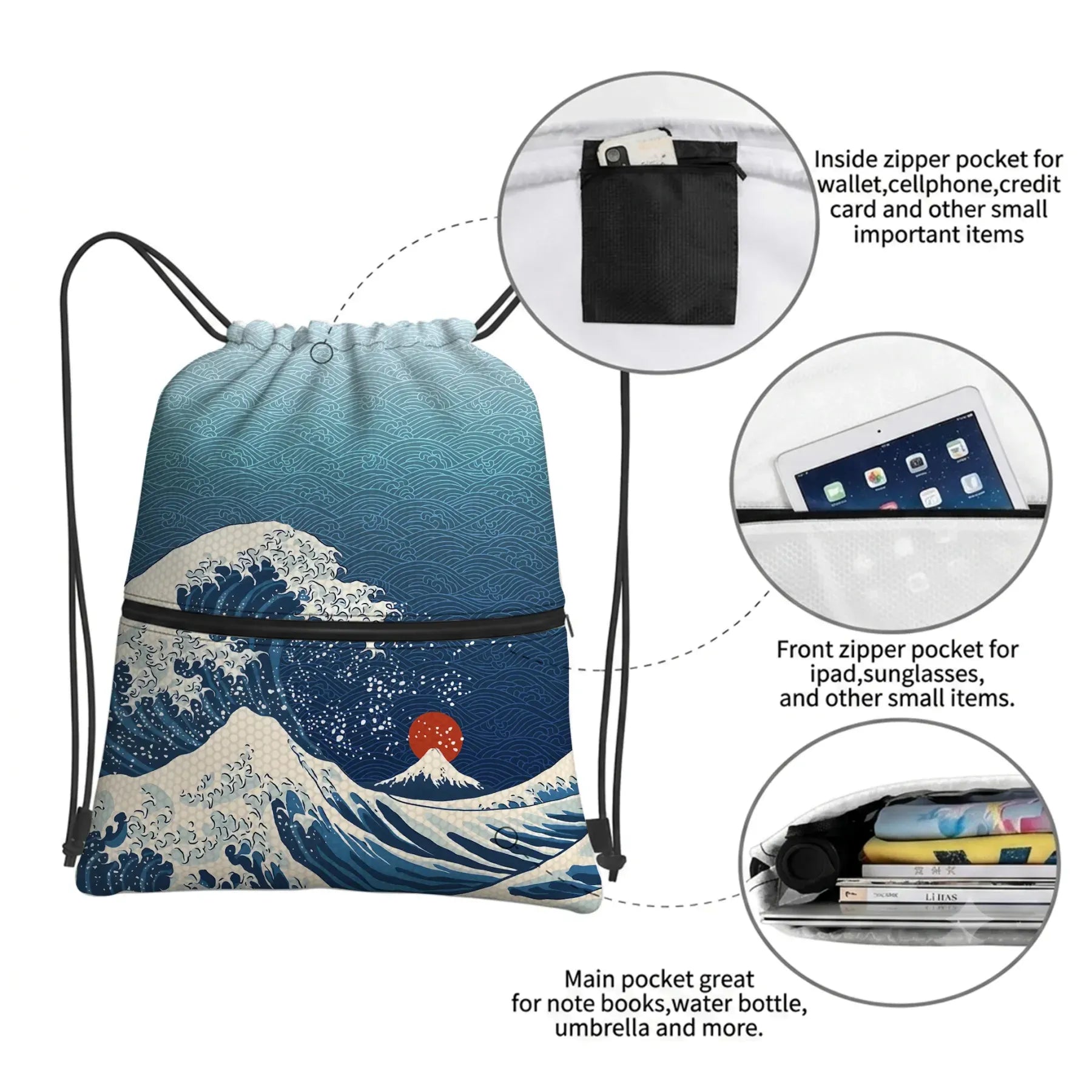 Kyoto-Lion The Great Wave Off Fuji Drawstring Backpack