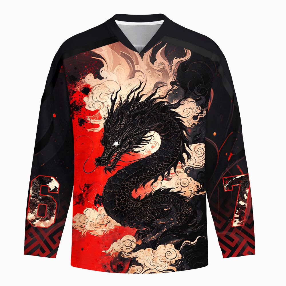 Kyoto-Lion Obsidian Dragon Crimson Sky Long-Sleeve Hockey Jersey