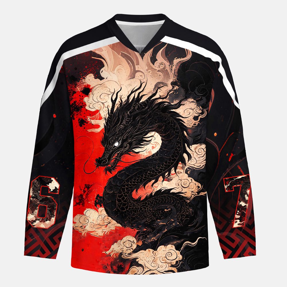 Kyoto-Lion Obsidian Dragon Crimson Sky Long-Sleeve Hockey Jersey