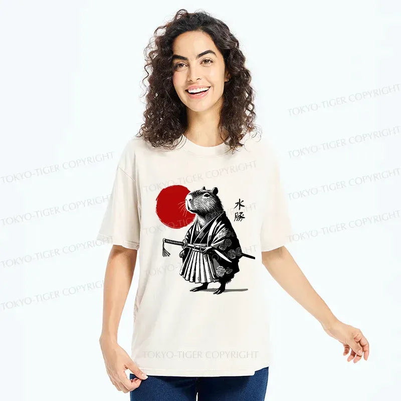 Kyoto-Lion Retro Capybara Samurai Washed T-Shirt
