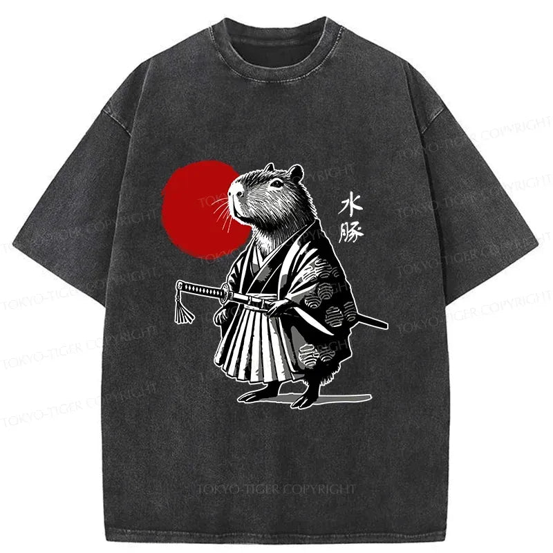 Kyoto-Lion Retro Capybara Samurai Washed T-Shirt