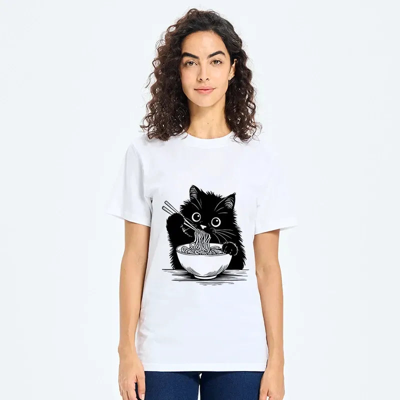 Funny Black Cat Ramen T Shirt for Daily Wear