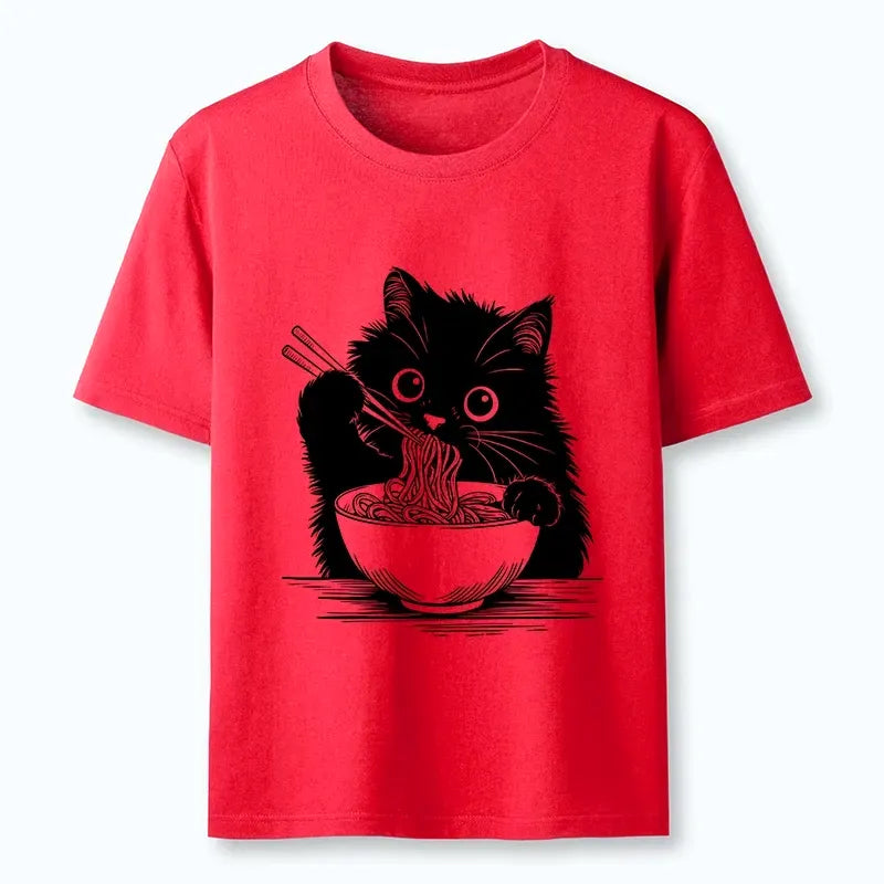 Funny Black Cat Ramen T Shirt for Daily Wear