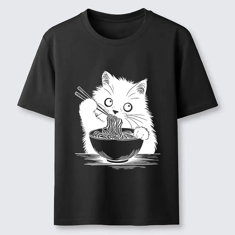 Kyoto-Lion Black Cat Eating Ramen Funny Line Art Classic T-Shirt