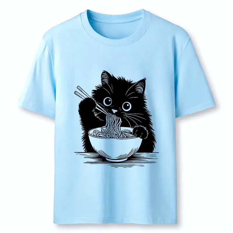 Funny Black Cat Ramen T Shirt for Daily Wear