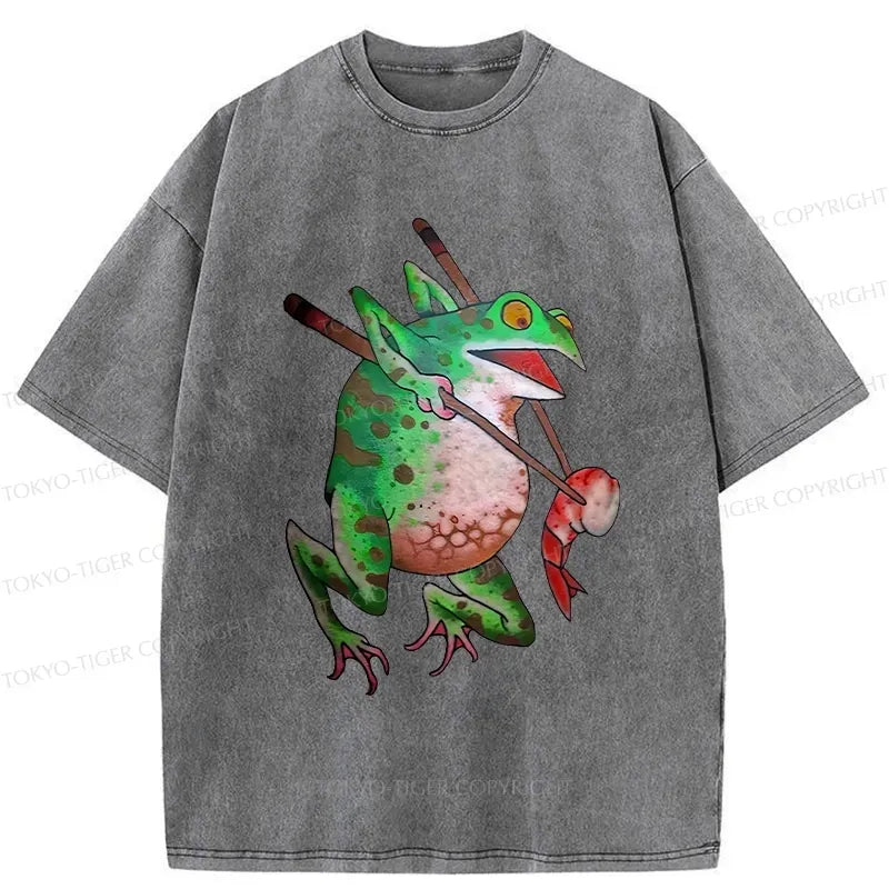 Kyoto-Lion Funny Frog Picking Up Shrimp Washed T-Shirt