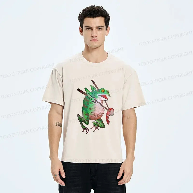 Kyoto-Lion Funny Frog Picking Up Shrimp Washed T-Shirt