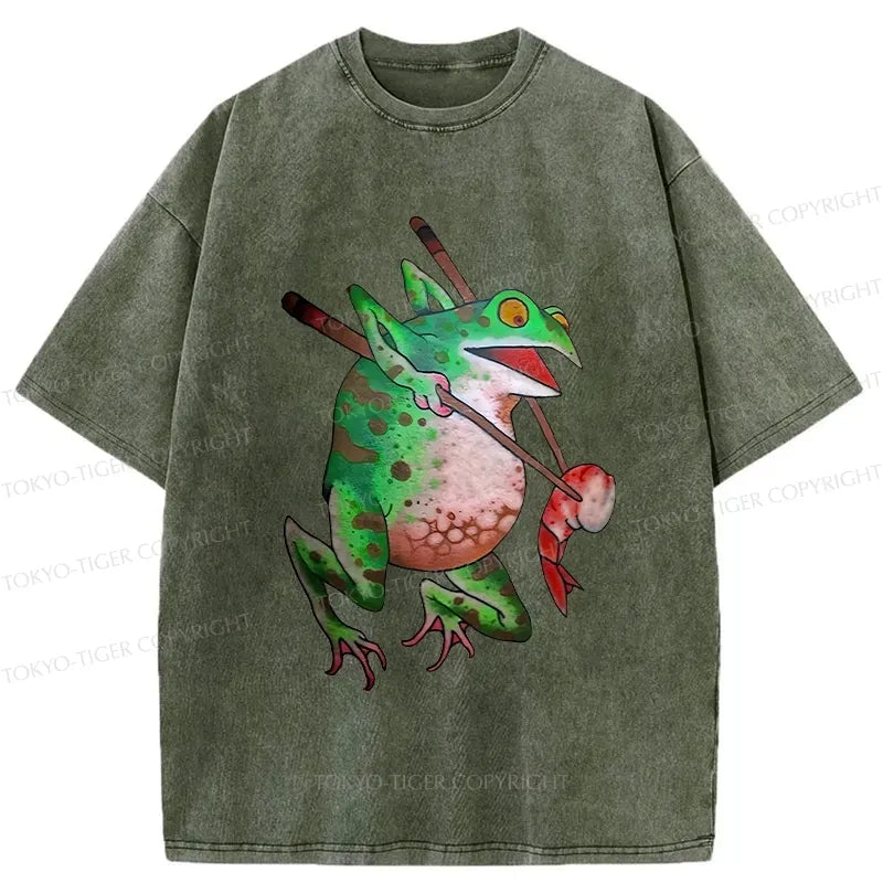 Kyoto-Lion Funny Frog Picking Up Shrimp Washed T-Shirt