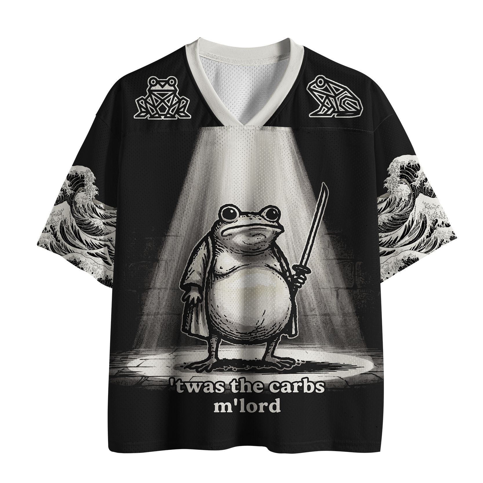 Kyoto-Lion Funny Fat Samurai Print Frog Mesh Jersey