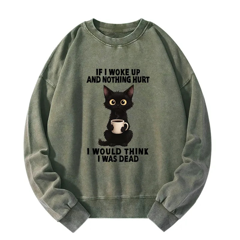 Kyoto-Lion Funny Cute Black Cat And Coffee Meme Washed Sweatshirt
