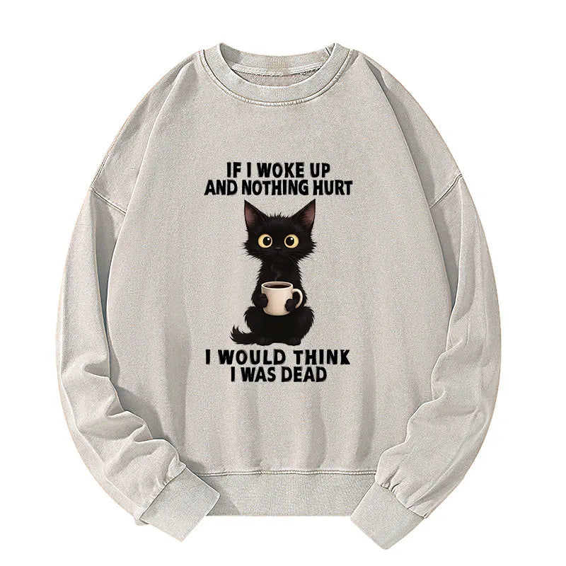 Kyoto-Lion Funny Cute Black Cat And Coffee Meme Washed Sweatshirt