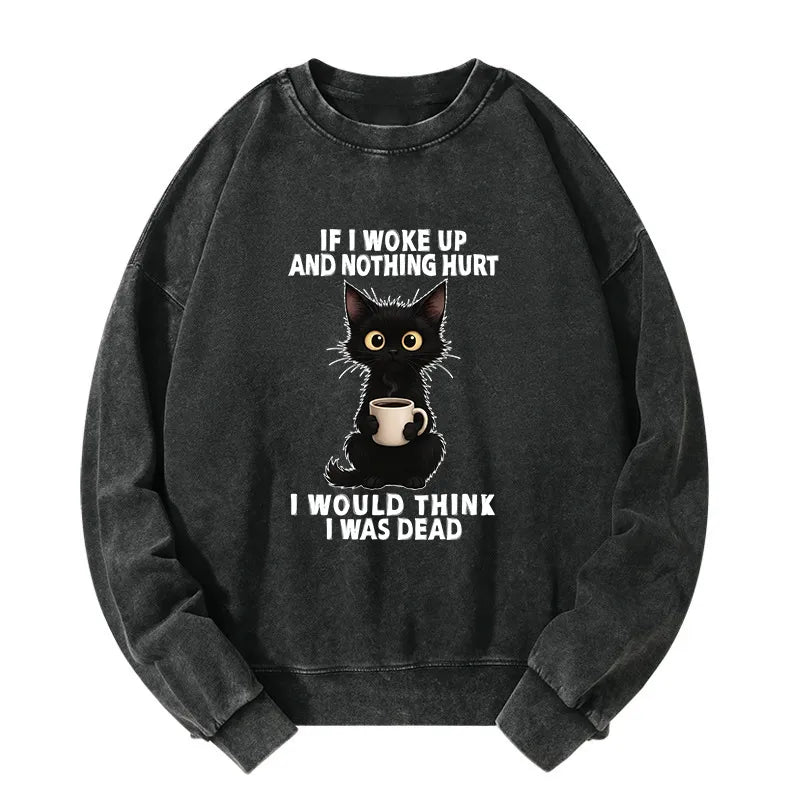 Kyoto-Lion Funny Cute Black Cat And Coffee Meme Washed Sweatshirt
