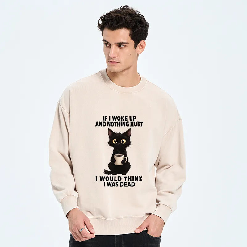 Kyoto-Lion Funny Cute Black Cat And Coffee Meme Washed Sweatshirt