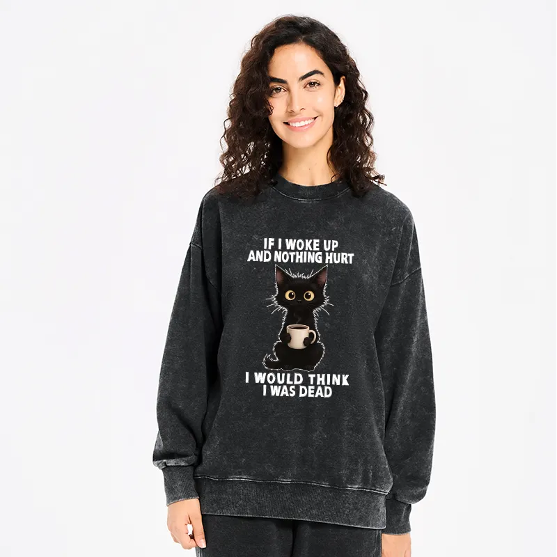 Kyoto-Lion Funny Cute Black Cat And Coffee Meme Washed Sweatshirt