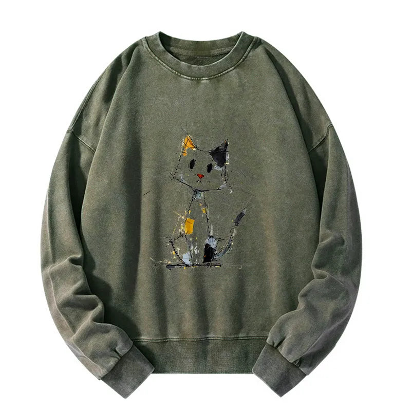 Kyoto-Lion Minimal Splash Ink Cute Cat Washed Sweatshirt