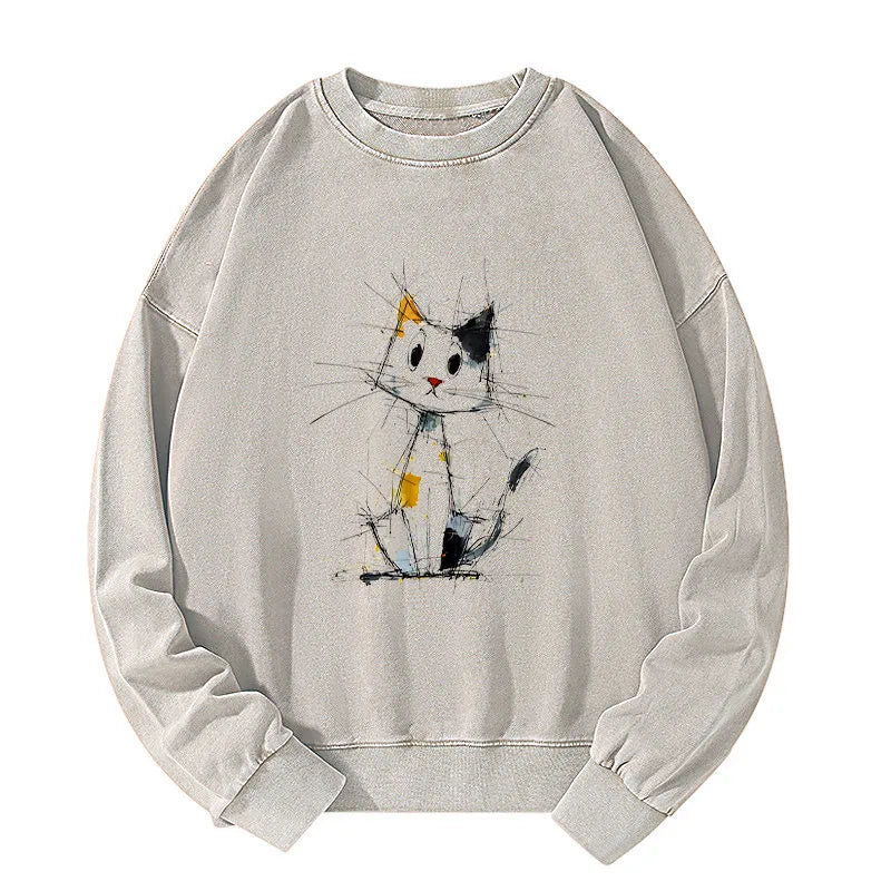 Kyoto-Lion Minimal Splash Ink Cute Cat Washed Sweatshirt