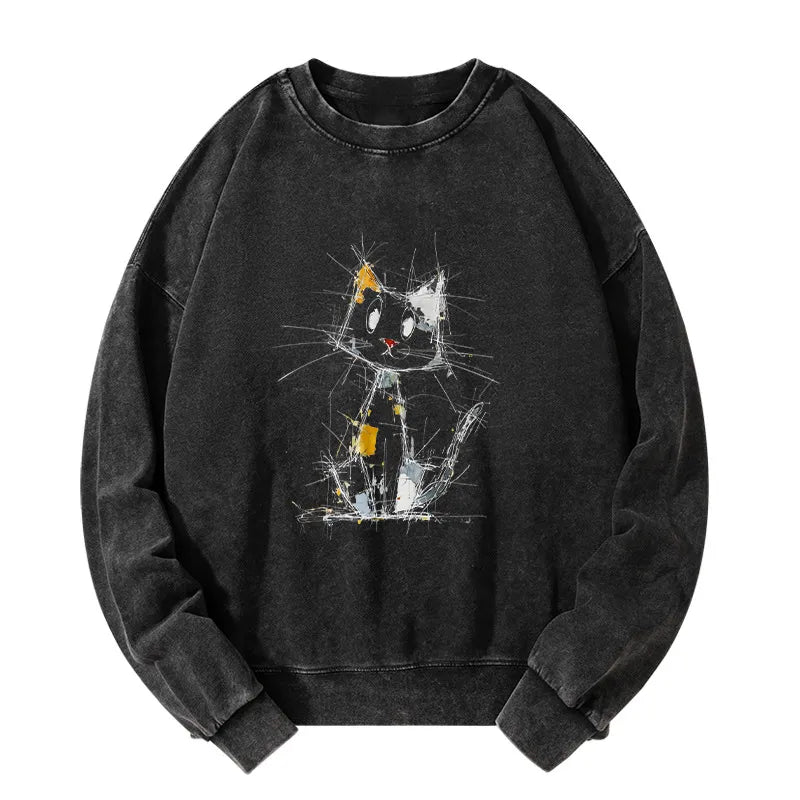 Kyoto-Lion Minimal Splash Ink Cute Cat Washed Sweatshirt