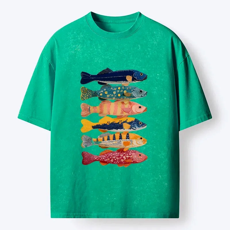 Kyoto-Lion Colorful Fish Art Collection Washed T-Shirt