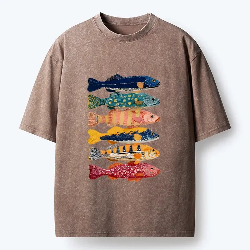 Kyoto-Lion Colorful Fish Art Collection Washed T-Shirt