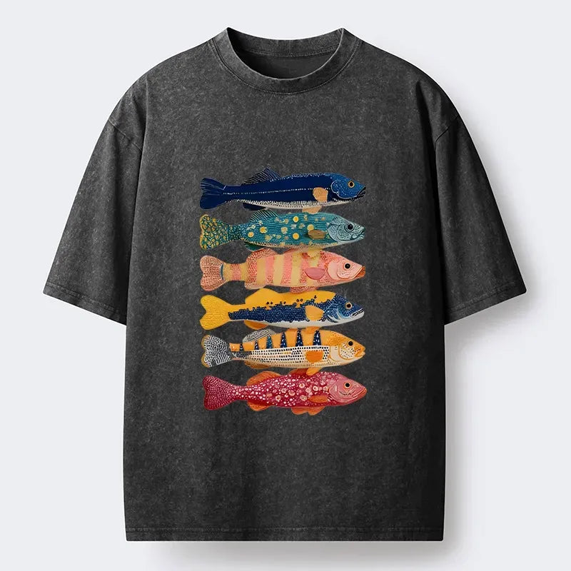 Unisex washed t-shirt with fish art