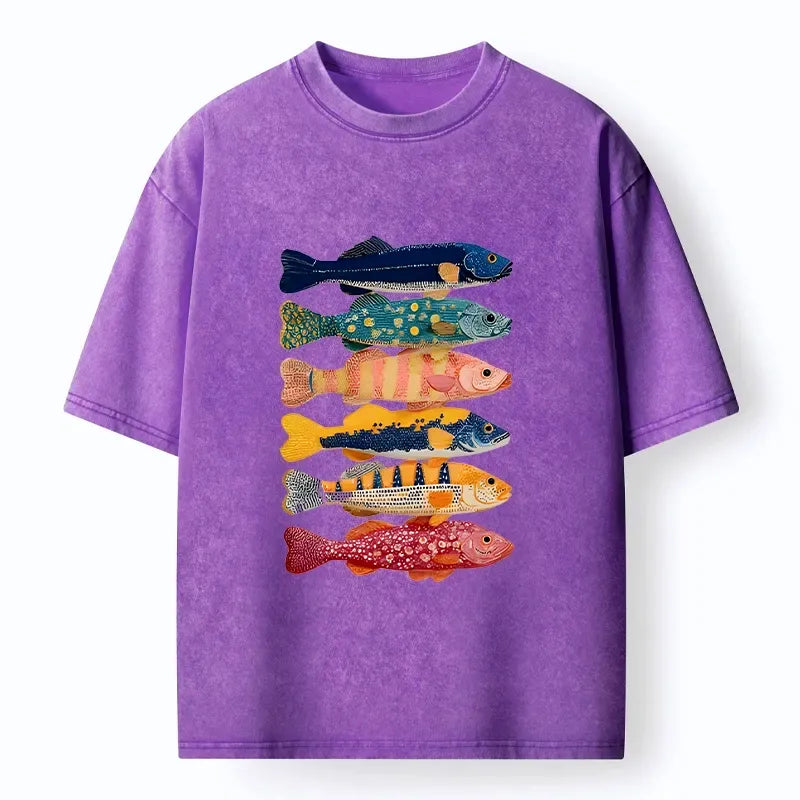 Unisex washed t-shirt with fish art