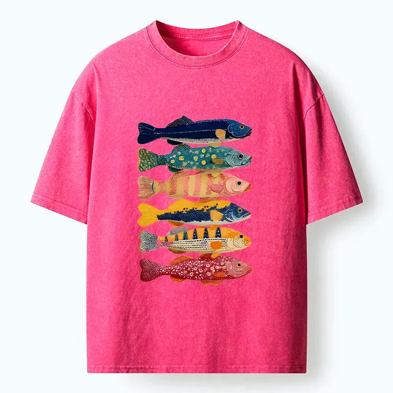 Unisex washed t-shirt with fish art