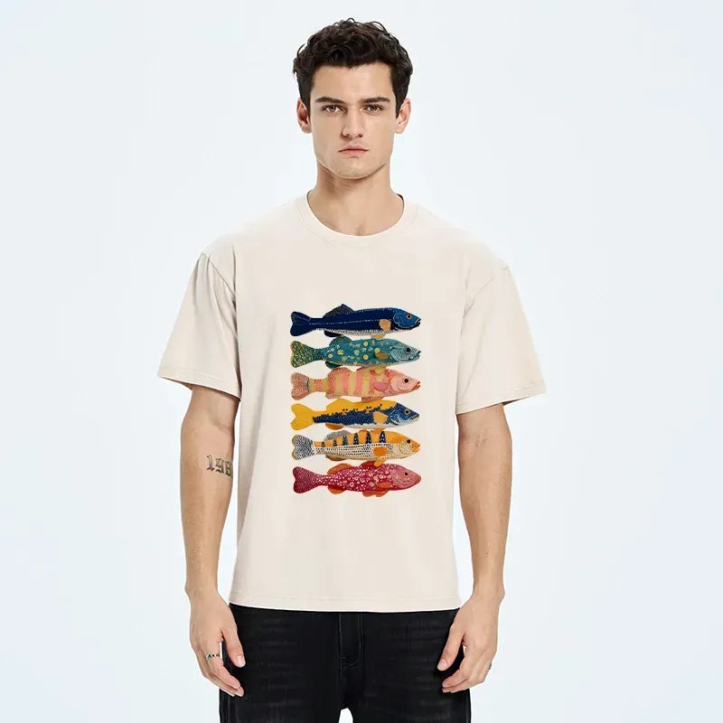 Kyoto-Lion Colorful Fish Art Collection Washed T-Shirt