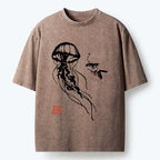 Kyoto-Lion Ink Wash Jellyfish And Fish Washed T-Shirt