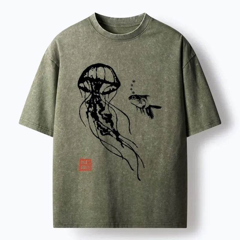 Kyoto-Lion Ink Wash Jellyfish And Fish Washed T-Shirt