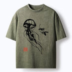 Kyoto-Lion Ink Wash Jellyfish And Fish Washed T-Shirt