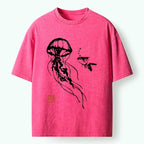 Kyoto-Lion Ink Wash Jellyfish And Fish Washed T-Shirt