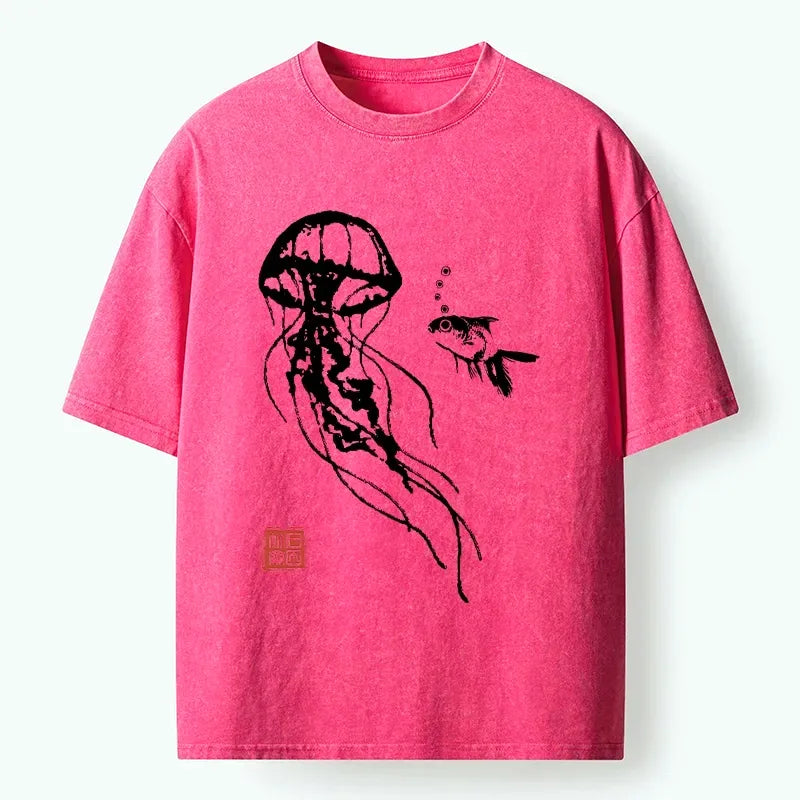 Kyoto-Lion Ink Wash Jellyfish And Fish Washed T-Shirt