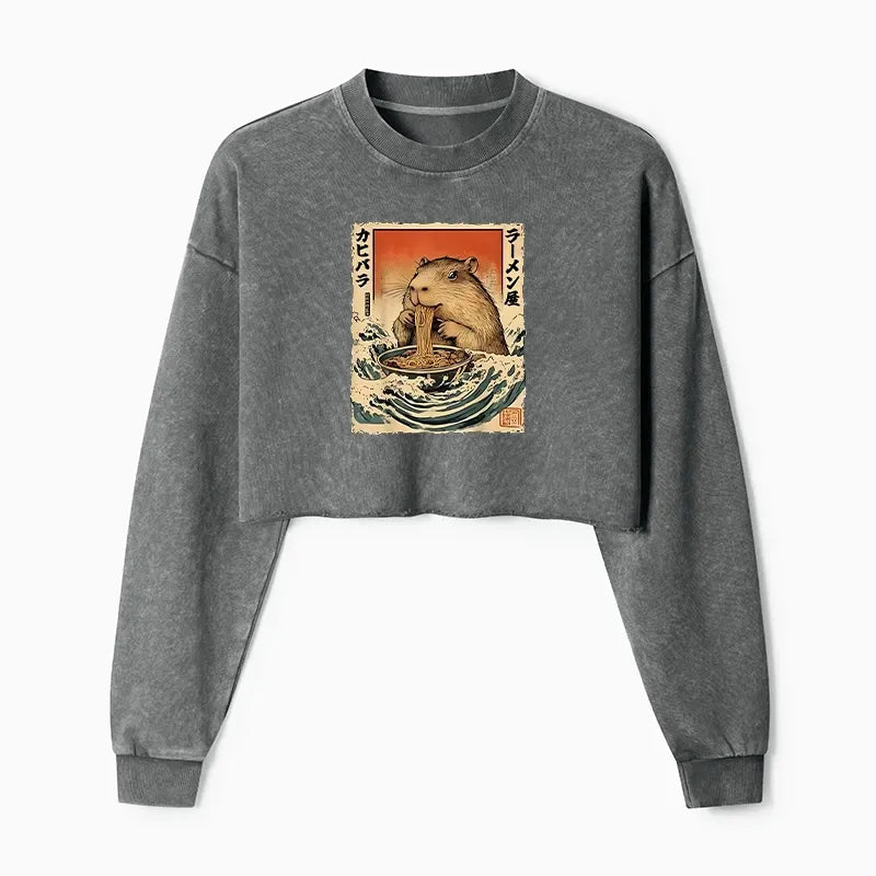 Kyoto-Lion Hamster Eating Ramen Washed Crop Sweatshirt