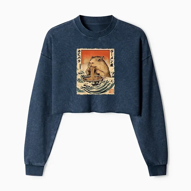Kyoto-Lion Hamster Eating Ramen Washed Crop Sweatshirt