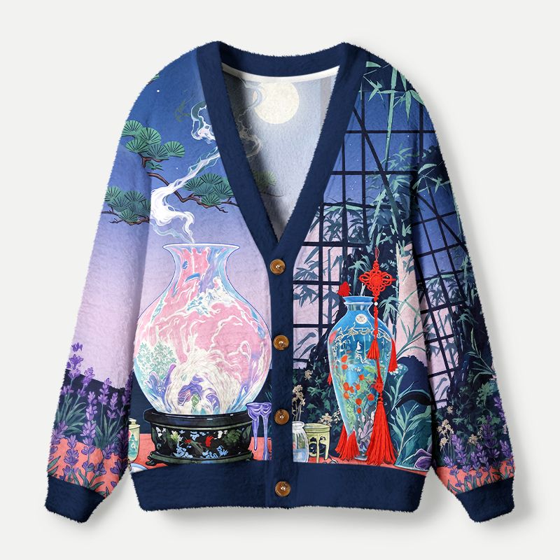 Kyoto-Lion East Asian Lavender Bamboo Night Scene Ugly Cardigan Sweater