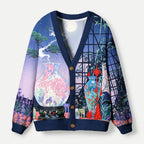 Kyoto-Lion East Asian Lavender Bamboo Night Scene Ugly Cardigan Sweater