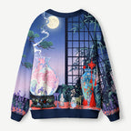 Kyoto-Lion East Asian Lavender Bamboo Night Scene Ugly Cardigan Sweater
