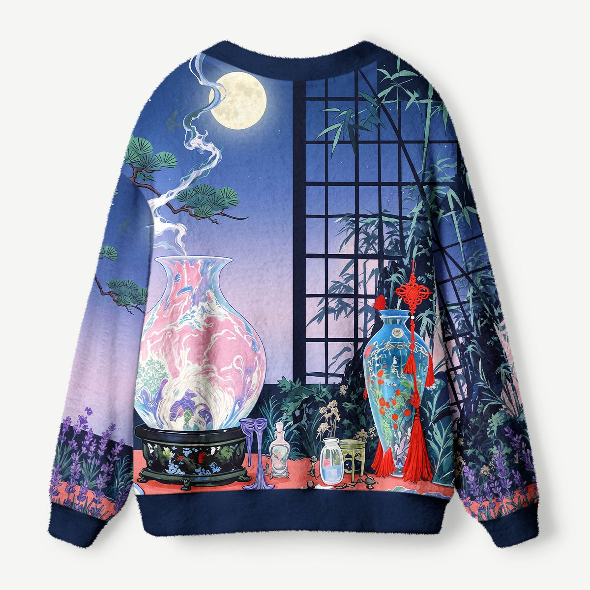 Kyoto-Lion East Asian Lavender Bamboo Night Scene Ugly Cardigan Sweater