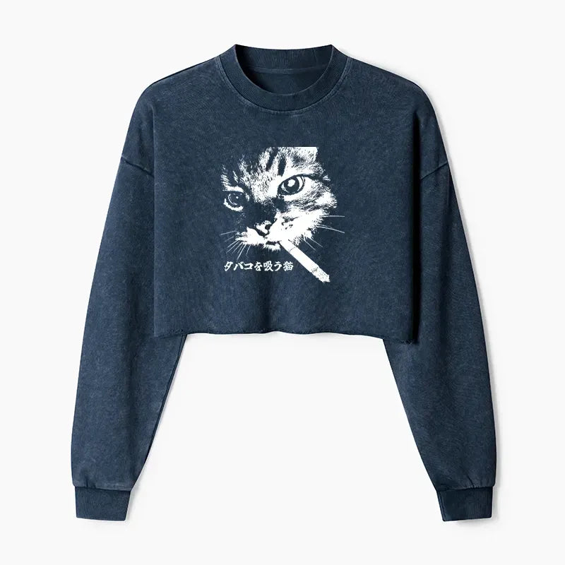 Japanese Style Washed Crop Sweatshirt for Women