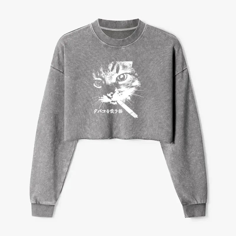 Retro Cat Smoking Crop Sweatshirt for Women
