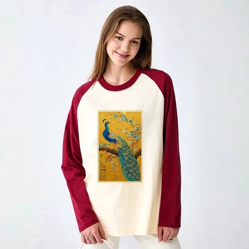 Kyoto-Lion The Peacock's Silent Elegance Raglan Long Sleeve T-shirt