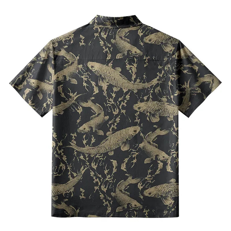 Unisex Japanese Koi Print Button Up Shirt
