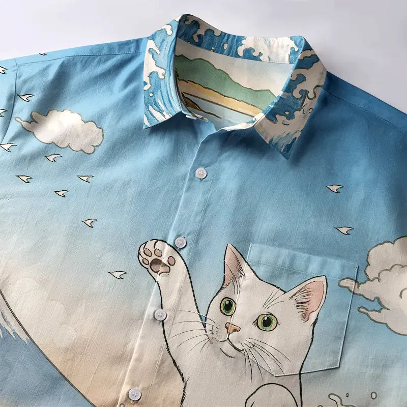 Kyoto-Lion The Great Wave Off Giant Cat Button-up Shirt
