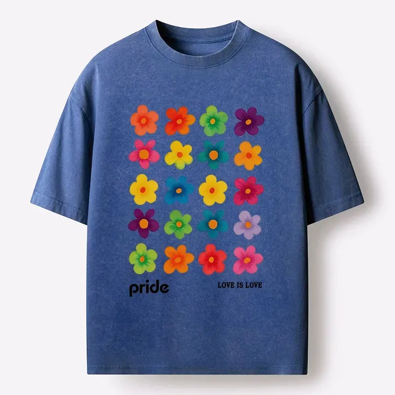Kyoto-Lion Colorful Flower Grid For Pride Month Washed T-Shirt