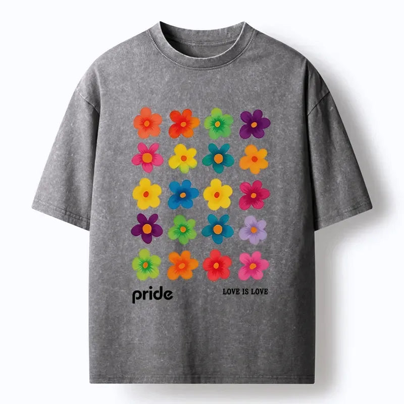 Kyoto-Lion Colorful Flower Grid For Pride Month Washed T-Shirt