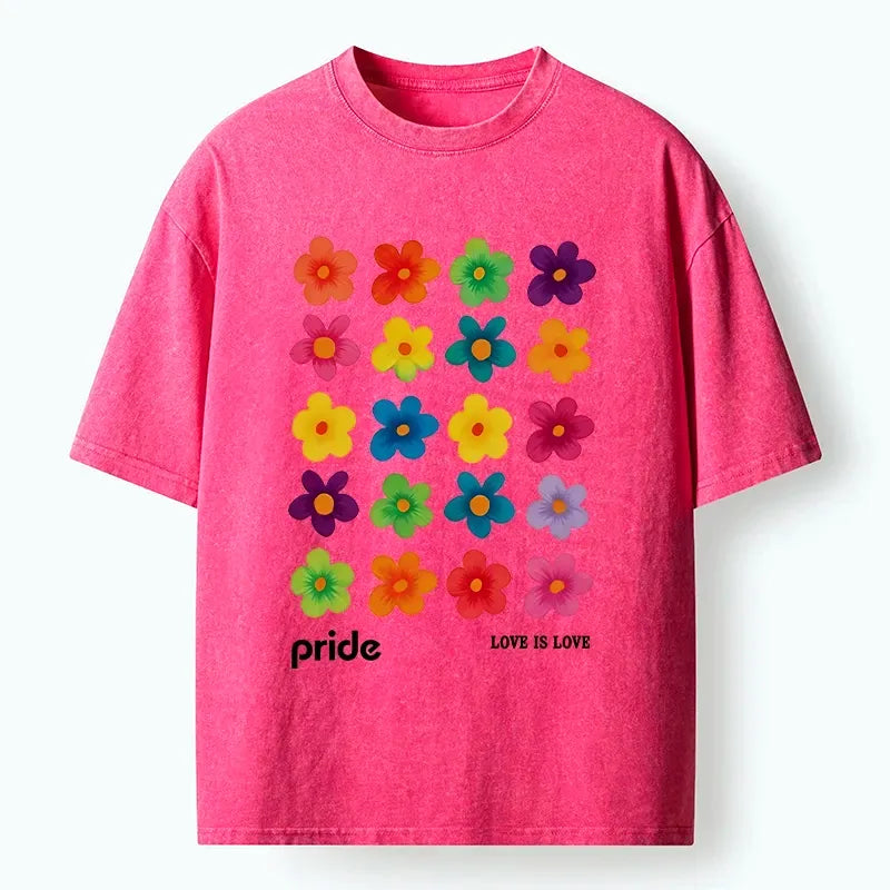 Kyoto-Lion Colorful Flower Grid For Pride Month Washed T-Shirt